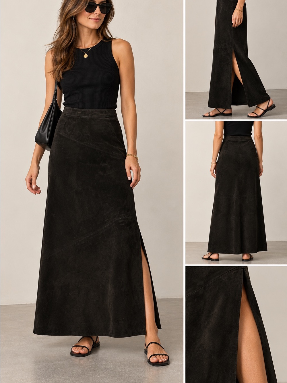 Black Suede Maxi A-Line Skirt with Side Slit